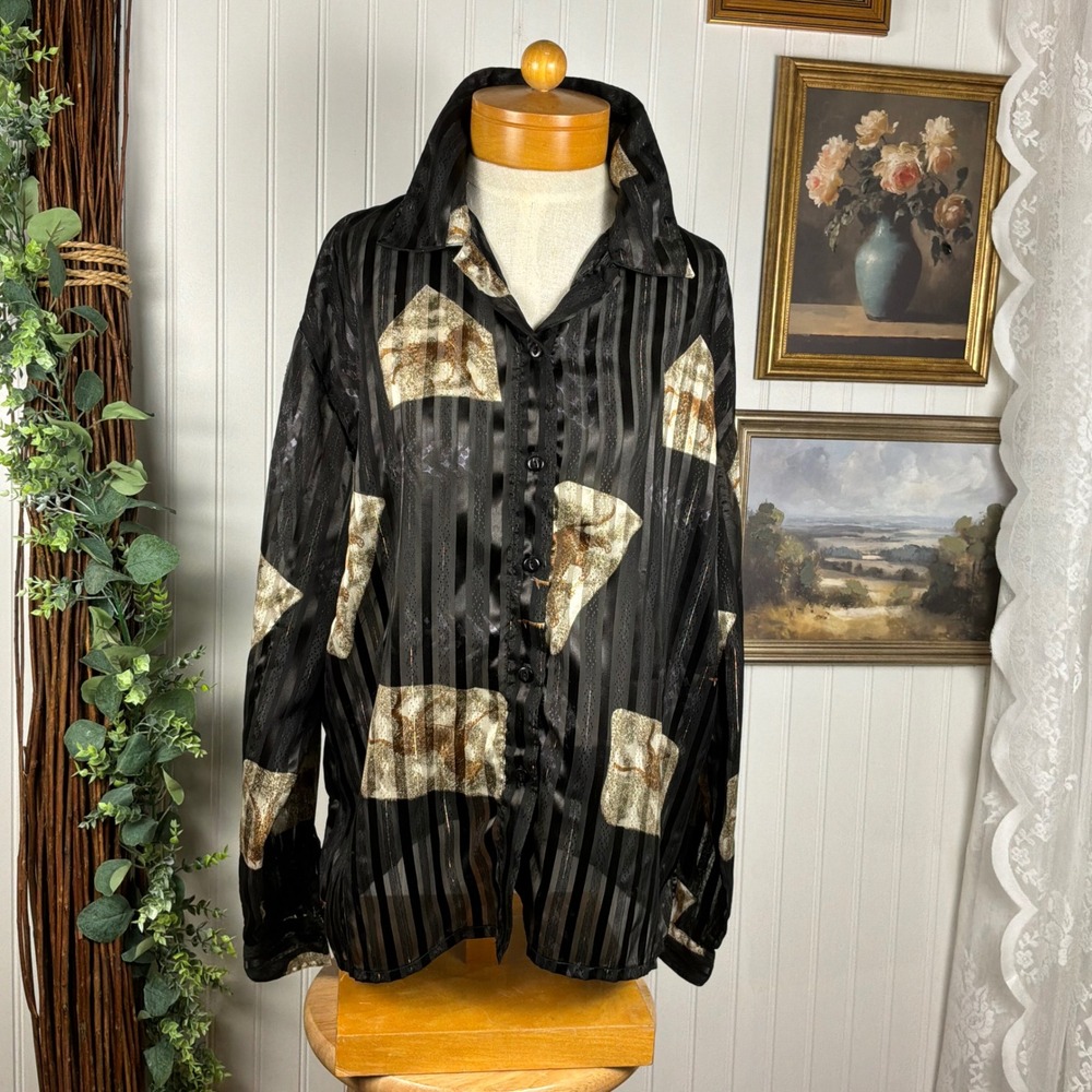 Selene Sport Button Up Shirt Women Large Black Excellent Vintage Horse Print